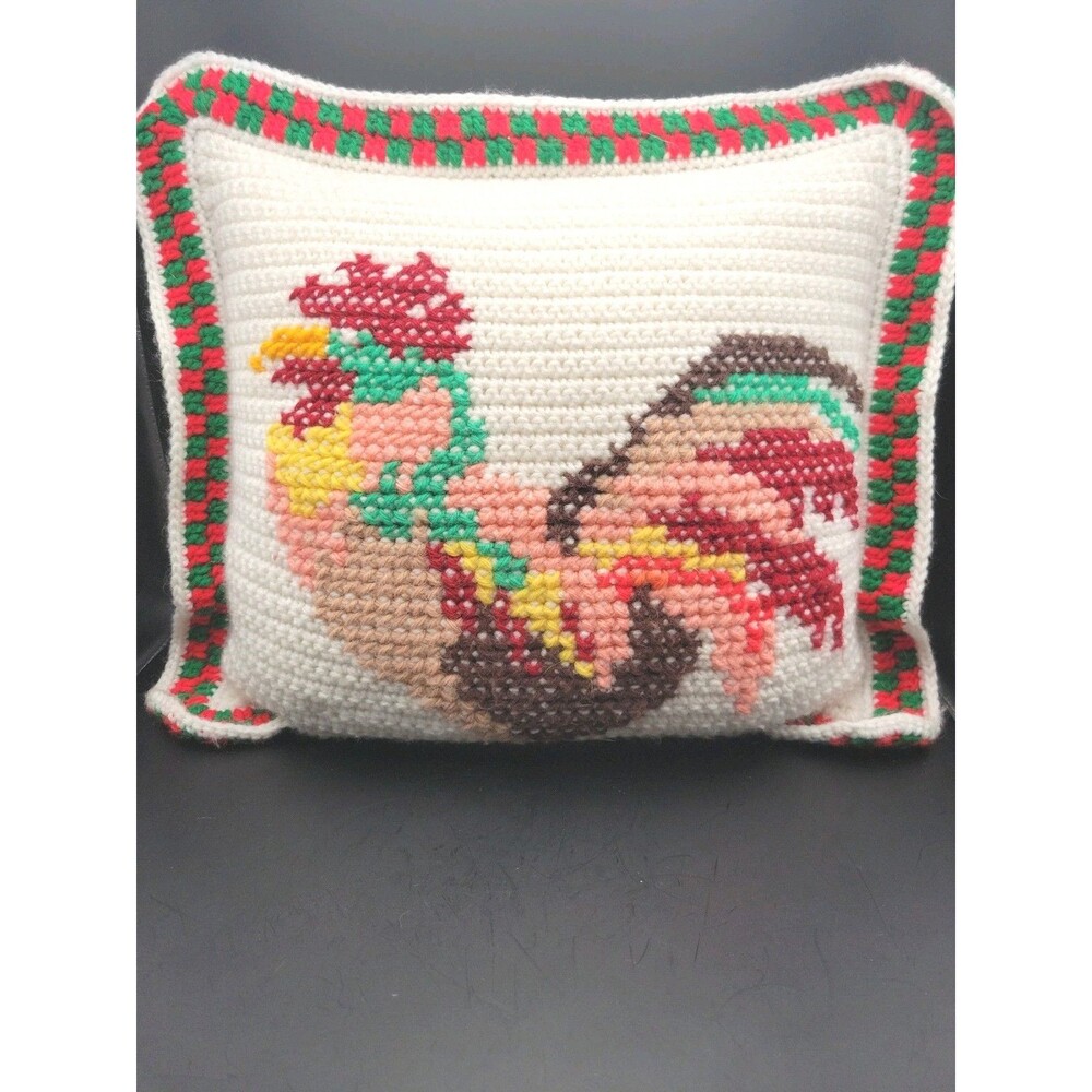 Vintage Handmade Crocheted Rooster Pillow 17" x 17" Folk Art Farmhouse Country